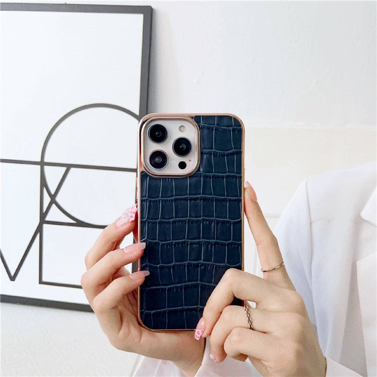 Crocodile Texture Phone Cover for iPhone 14 Pro, Genuine Leather Coated TPU Drop-proof Case Nano Electroplating Phone Back Shell - Brown