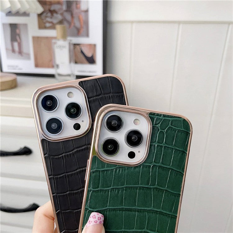 Crocodile Texture Phone Cover for iPhone 14 Pro, Genuine Leather Coated TPU Drop-proof Case Nano Electroplating Phone Back Shell - Brown