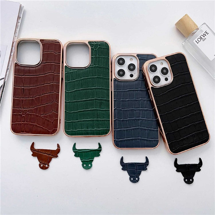 Crocodile Texture Phone Cover for iPhone 14 Pro, Genuine Leather Coated TPU Drop-proof Case Nano Electroplating Phone Back Shell - Brown