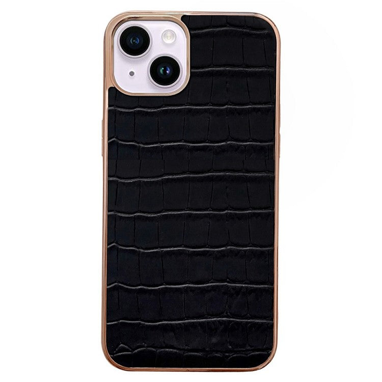 For iPhone 14 Plus Crocodile Texture Genuine Leather Coated TPU Drop-proof Case Nano Electroplating Phone Back Cover - Black