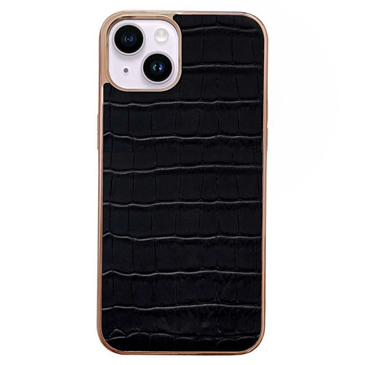 For iPhone 14 Plus Crocodile Texture Genuine Leather Coated TPU Drop-proof Case Nano Electroplating Phone Back Cover - Black