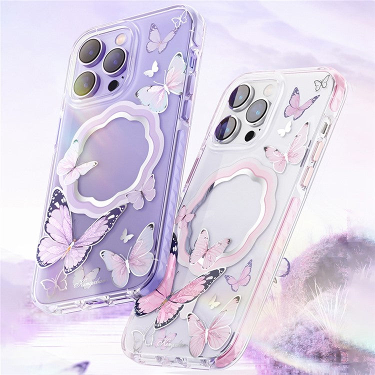 KINGXBAR Butterfly Series Magnetic Case for iPhone 14 Pro Max Compatible with MagSafe, IML Design PET+TPU Protective Phone Cover - Pink Butterflies