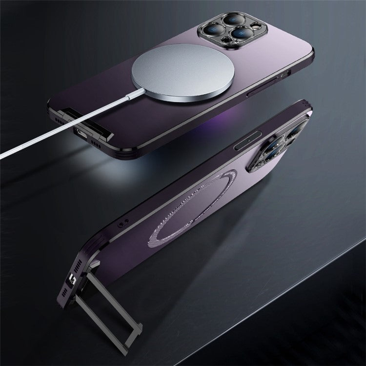 Supporting Kickstand Phone Case for iPhone 14 Pro Max, Compatible with MagSafe Drop Protection Aluminum Alloy+TPU+PC Phone Protector Cover - Purple