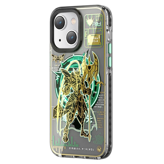 PQY Mecha Series Hybrid PET+TPU Phone Case for iPhone 14 Plus, Electroplating IML Luminous Shockproof Protective Cover, Compatible with MagSafe - Peace Armor