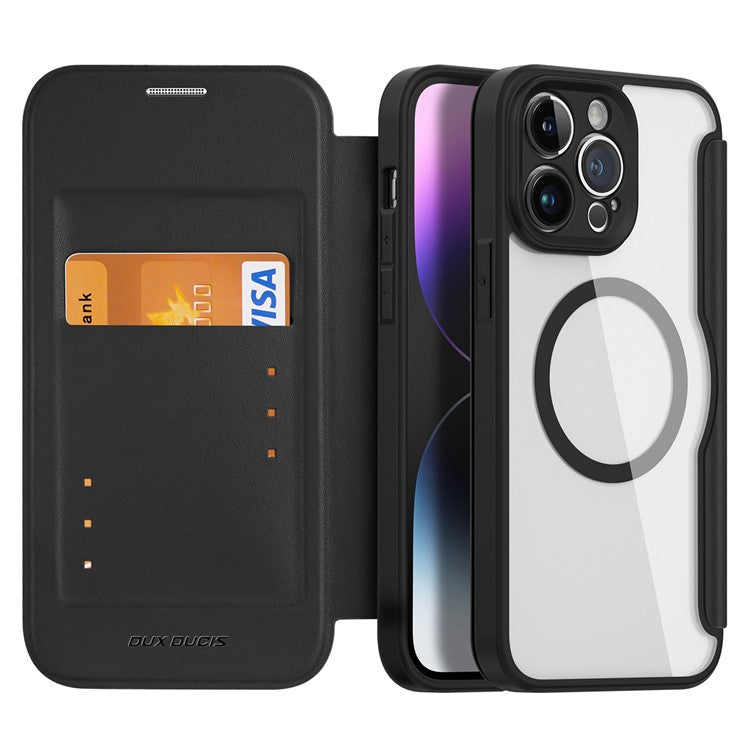 DUX DUCIS Skin X Pro For iPhone 14 Pro Max PU Leather Flip Case Card Holder Stand Clear Back Full Protection Phone Cover Compatible with MagSafe - Black