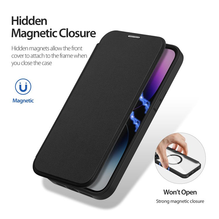 DUX DUCIS Skin X Pro For iPhone 14 Pro Max PU Leather Flip Case Card Holder Stand Clear Back Full Protection Phone Cover Compatible with MagSafe - Black