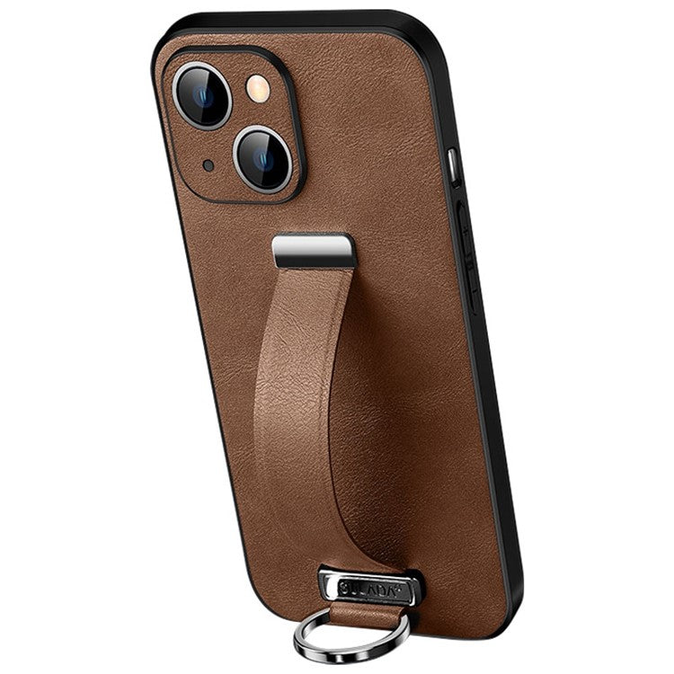 SULADA Fashion Series for iPhone 14 Plus Crazy Horse Texture PU Leather Coated PC + TPU Case Anti-drop Kickstand Phone Cover with Retractable Wristband - Brown