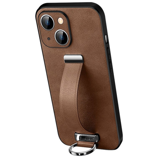 SULADA Fashion Series for iPhone 14 Plus Crazy Horse Texture PU Leather Coated PC + TPU Case Anti-drop Kickstand Phone Cover with Retractable Wristband - Brown