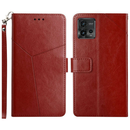 PU Leather Protective Phone Case For Motorola Moto G72 4G, HT01 Imprinted Y-Shaped Lines Wallet Stand Magnetic Clasp Cell Phone Cover with Strap - Brown