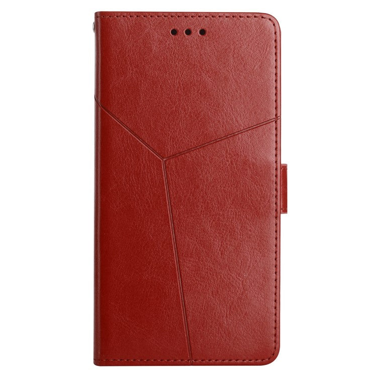 PU Leather Protective Phone Case For Motorola Moto G72 4G, HT01 Imprinted Y-Shaped Lines Wallet Stand Magnetic Clasp Cell Phone Cover with Strap - Brown