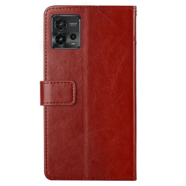 PU Leather Protective Phone Case For Motorola Moto G72 4G, HT01 Imprinted Y-Shaped Lines Wallet Stand Magnetic Clasp Cell Phone Cover with Strap - Brown