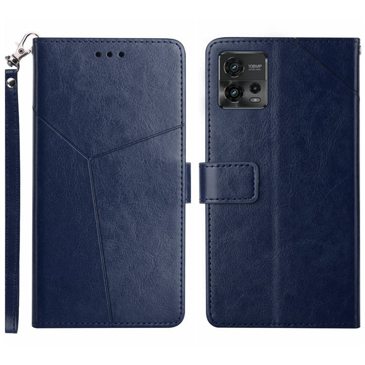 PU Leather Protective Phone Case For Motorola Moto G72 4G, HT01 Imprinted Y-Shaped Lines Wallet Stand Magnetic Clasp Cell Phone Cover with Strap - Blue