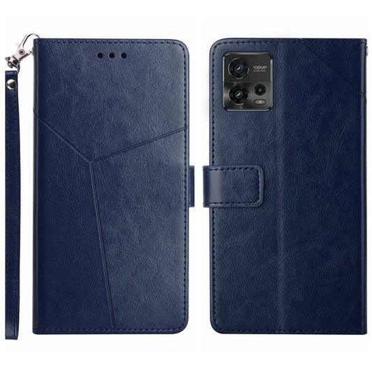 PU Leather Protective Phone Case For Motorola Moto G72 4G, HT01 Imprinted Y-Shaped Lines Wallet Stand Magnetic Clasp Cell Phone Cover with Strap - Blue