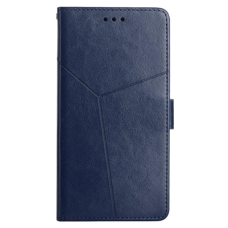 PU Leather Protective Phone Case For Motorola Moto G72 4G, HT01 Imprinted Y-Shaped Lines Wallet Stand Magnetic Clasp Cell Phone Cover with Strap - Blue