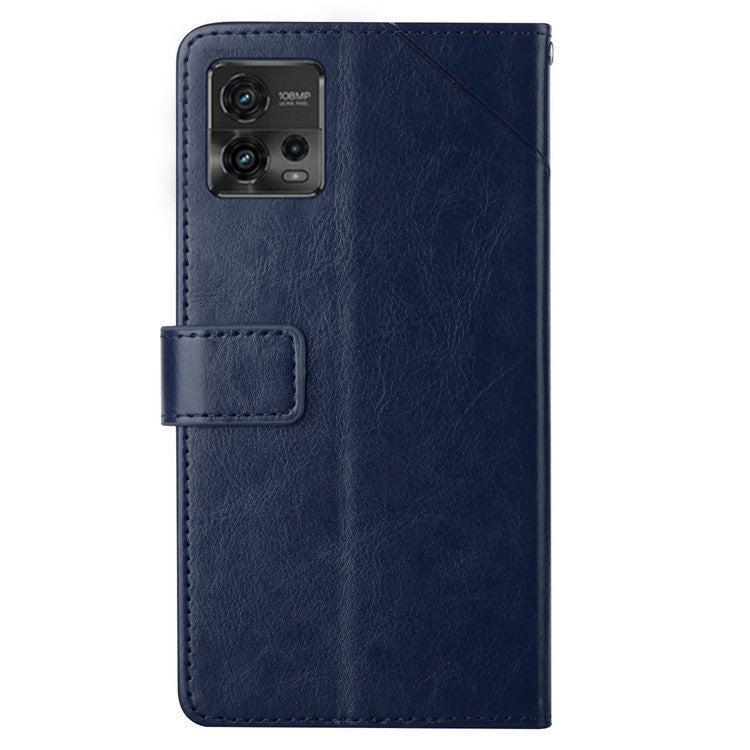 PU Leather Protective Phone Case For Motorola Moto G72 4G, HT01 Imprinted Y-Shaped Lines Wallet Stand Magnetic Clasp Cell Phone Cover with Strap - Blue