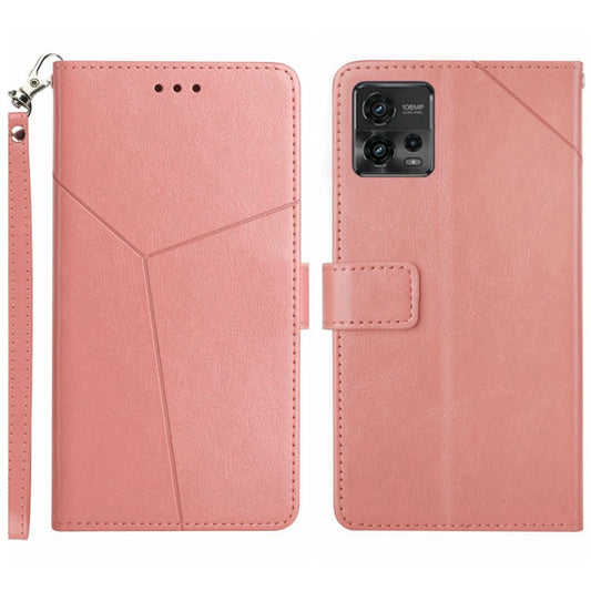 PU Leather Protective Phone Case For Motorola Moto G72 4G, HT01 Imprinted Y-Shaped Lines Wallet Stand Magnetic Clasp Cell Phone Cover with Strap - Pink