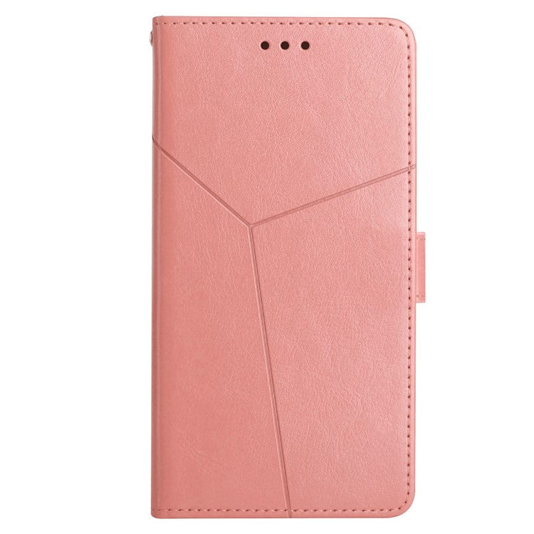 PU Leather Protective Phone Case For Motorola Moto G72 4G, HT01 Imprinted Y-Shaped Lines Wallet Stand Magnetic Clasp Cell Phone Cover with Strap - Pink