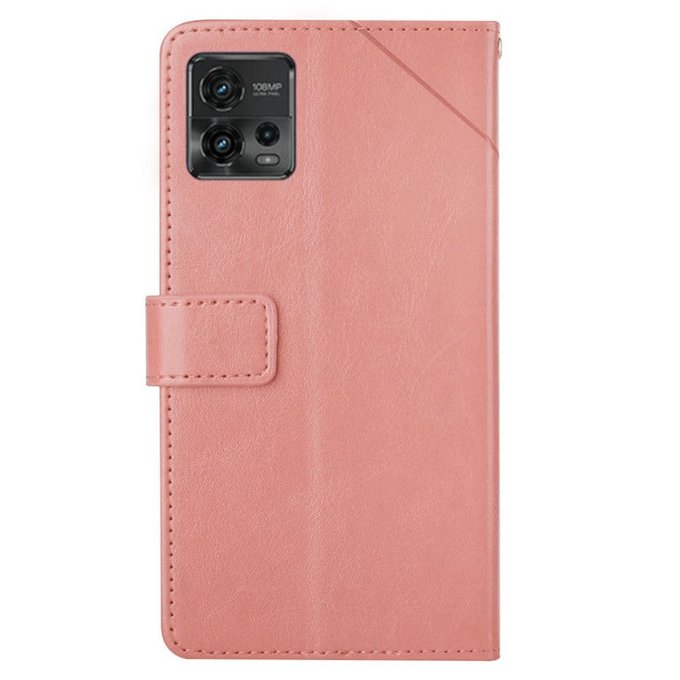 PU Leather Protective Phone Case For Motorola Moto G72 4G, HT01 Imprinted Y-Shaped Lines Wallet Stand Magnetic Clasp Cell Phone Cover with Strap - Pink