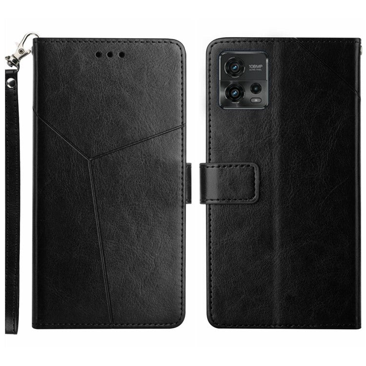 PU Leather Protective Phone Case For Motorola Moto G72 4G, HT01 Imprinted Y-Shaped Lines Wallet Stand Magnetic Clasp Cell Phone Cover with Strap - Black