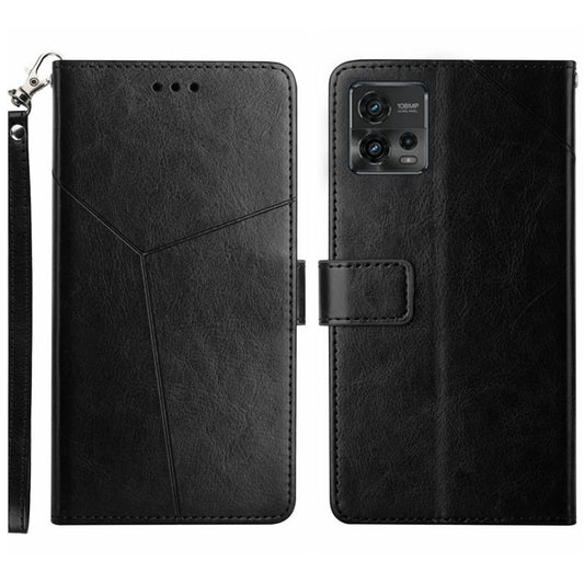 PU Leather Protective Phone Case For Motorola Moto G72 4G, HT01 Imprinted Y-Shaped Lines Wallet Stand Magnetic Clasp Cell Phone Cover with Strap - Black