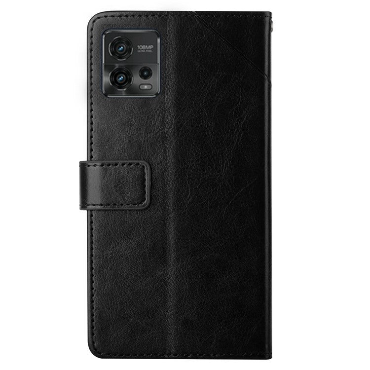 PU Leather Protective Phone Case For Motorola Moto G72 4G, HT01 Imprinted Y-Shaped Lines Wallet Stand Magnetic Clasp Cell Phone Cover with Strap - Black