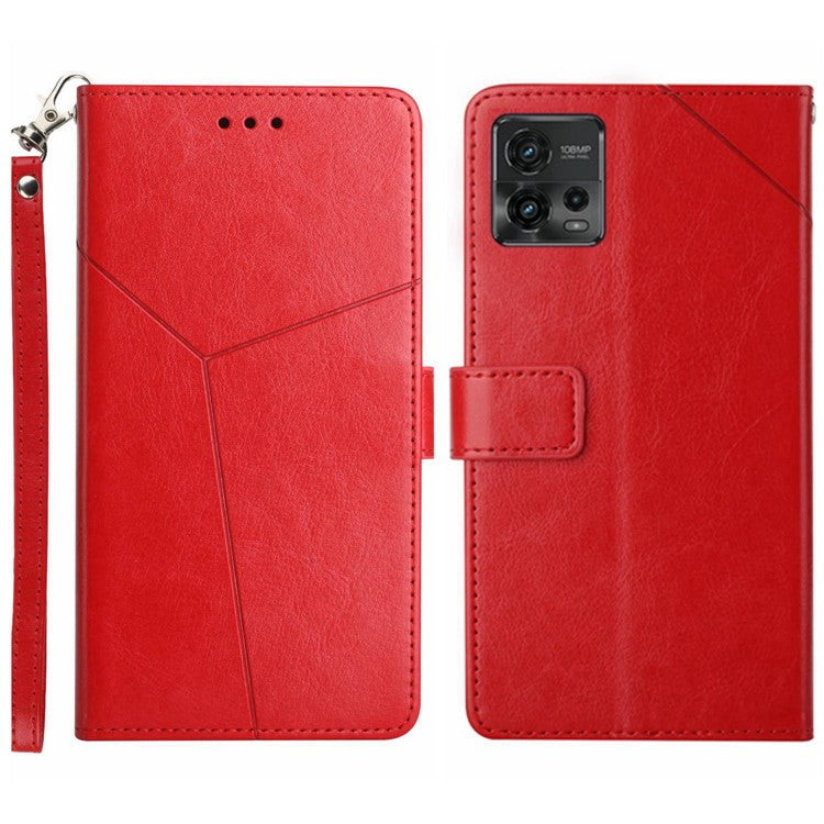 PU Leather Protective Phone Case For Motorola Moto G72 4G, HT01 Imprinted Y-Shaped Lines Wallet Stand Magnetic Clasp Cell Phone Cover with Strap - Red