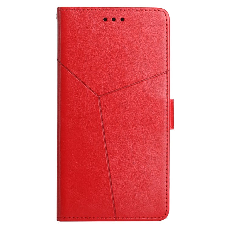 PU Leather Protective Phone Case For Motorola Moto G72 4G, HT01 Imprinted Y-Shaped Lines Wallet Stand Magnetic Clasp Cell Phone Cover with Strap - Red
