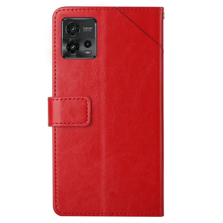 PU Leather Protective Phone Case For Motorola Moto G72 4G, HT01 Imprinted Y-Shaped Lines Wallet Stand Magnetic Clasp Cell Phone Cover with Strap - Red