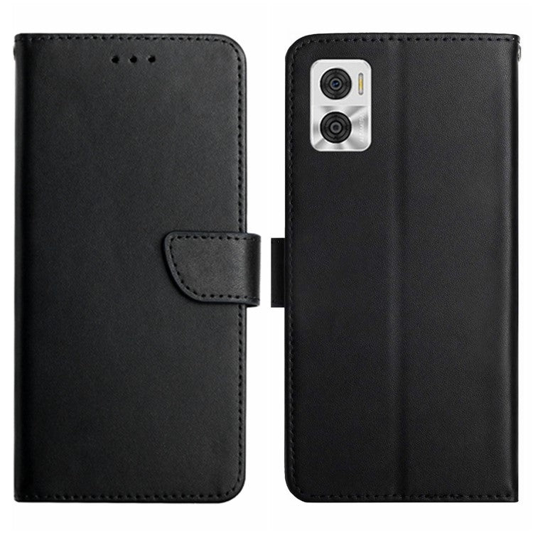 HT02 Genuine Leather Phone Case for Motorola Moto E22 4G / E22i 4G, Nappa Texture Wallet Magnetic Clasp Stand Function Flip Phone Cover - Black