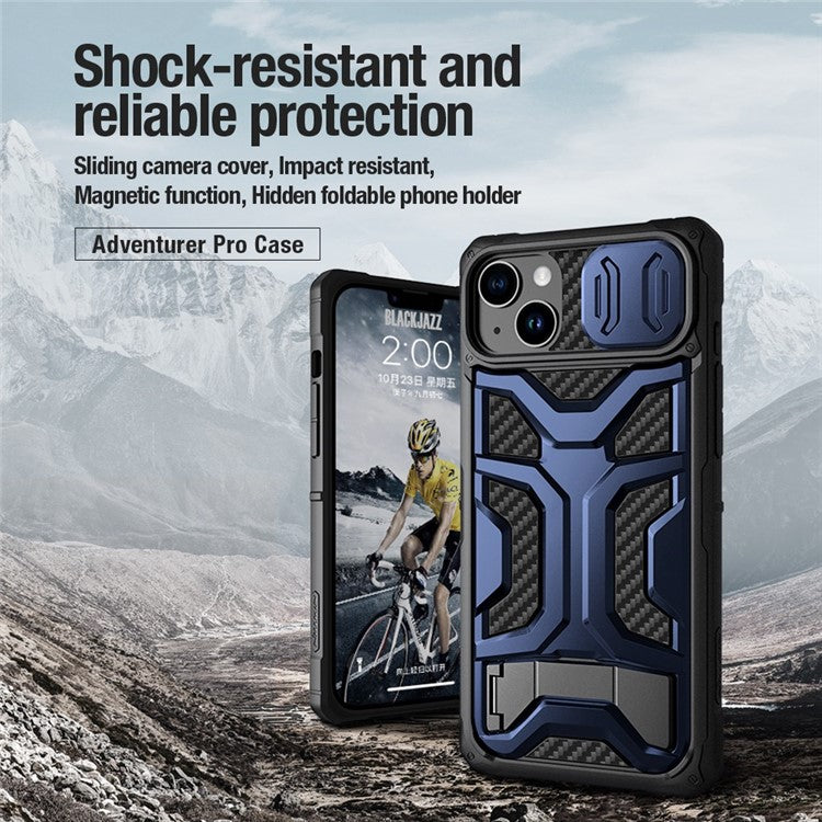 NILLKIN for iPhone 14 Plus Adventurer Pro Shockproof Phone Case Kickstand with Slide Camera Cover TPU+PC Anti-scratch Phone Cover Support Wireless Charging - Black