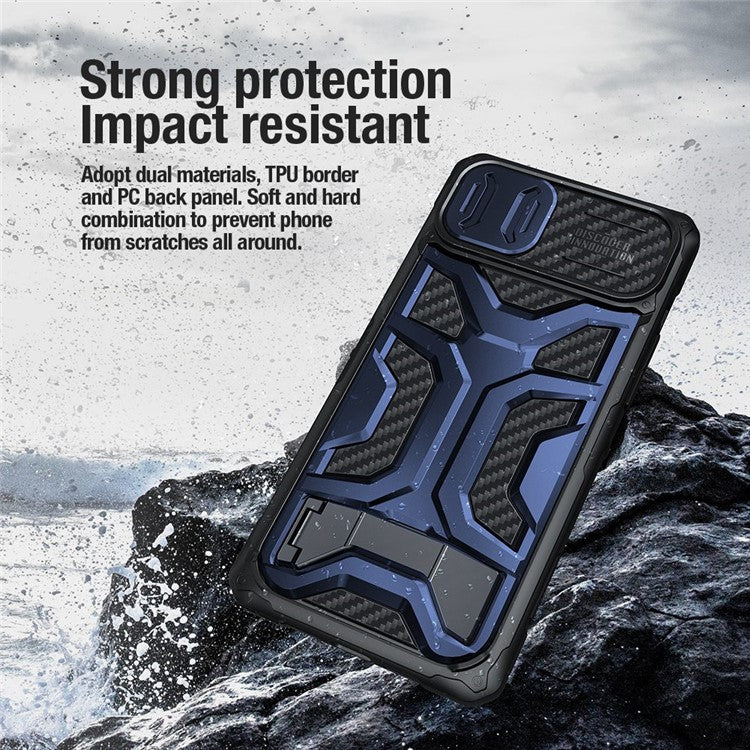 NILLKIN for iPhone 14 Plus Adventurer Pro Shockproof Phone Case Kickstand with Slide Camera Cover TPU+PC Anti-scratch Phone Cover Support Wireless Charging - Black