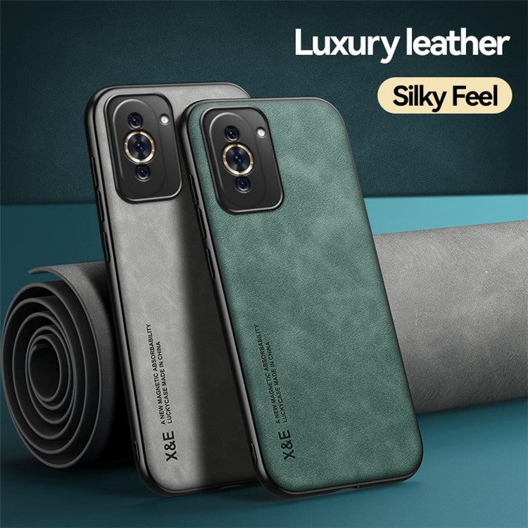 X&E For Huawei nova 10 Pro 4G Skin-touch Anti-drop Back Case PU Leather Coated TPU+PC Protective Cover with Car Mount Metal Sheet - Blue