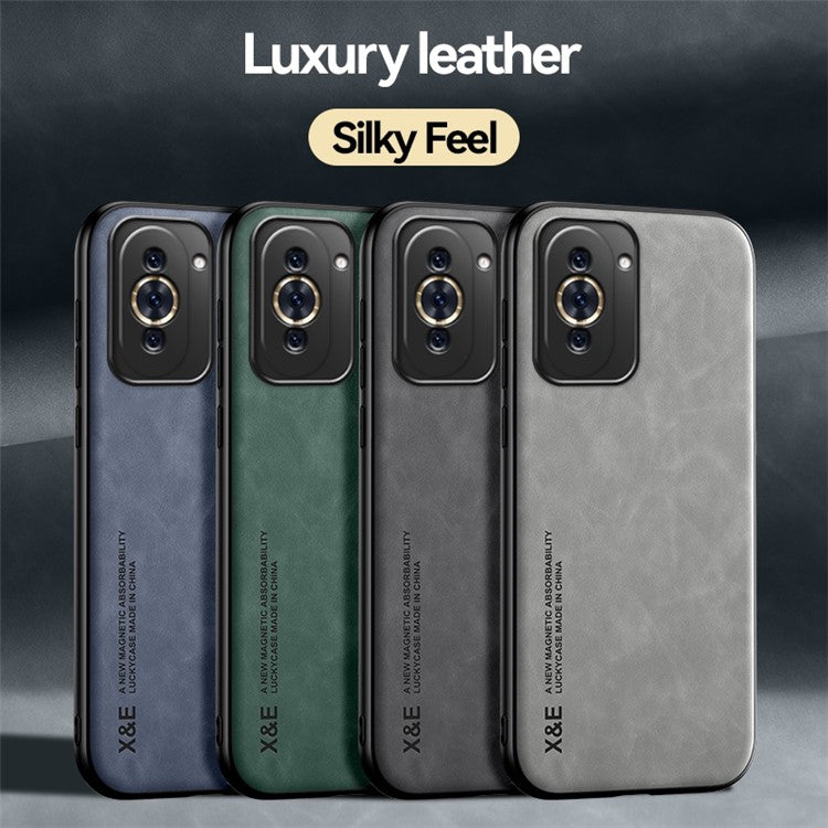 X&E For Huawei nova 10 Pro 4G Skin-touch Anti-drop Back Case PU Leather Coated TPU+PC Protective Cover with Car Mount Metal Sheet - Blue