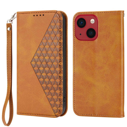 For iPhone 14 Plus Imprinted Rhombus Pattern Phone Stand Cover Calf Texture PU Leather Case Magnetic Wallet with Strap - Yellow