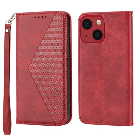 For iPhone 14 Plus Imprinted Rhombus Pattern Phone Stand Cover Calf Texture PU Leather Case Magnetic Wallet with Strap - Red