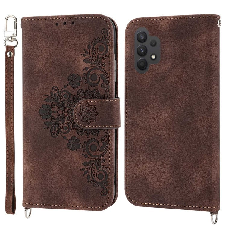For Samsung Galaxy A13 4G / A13 5G / A04s 4G (164.7 x 76.7 x 9.1 mm) Wallet Phone Case Imprinted Flowers PU Leather Skin-touch Stand Magnetic Cover with Wrist Strap and Shoulder Strap - Brown