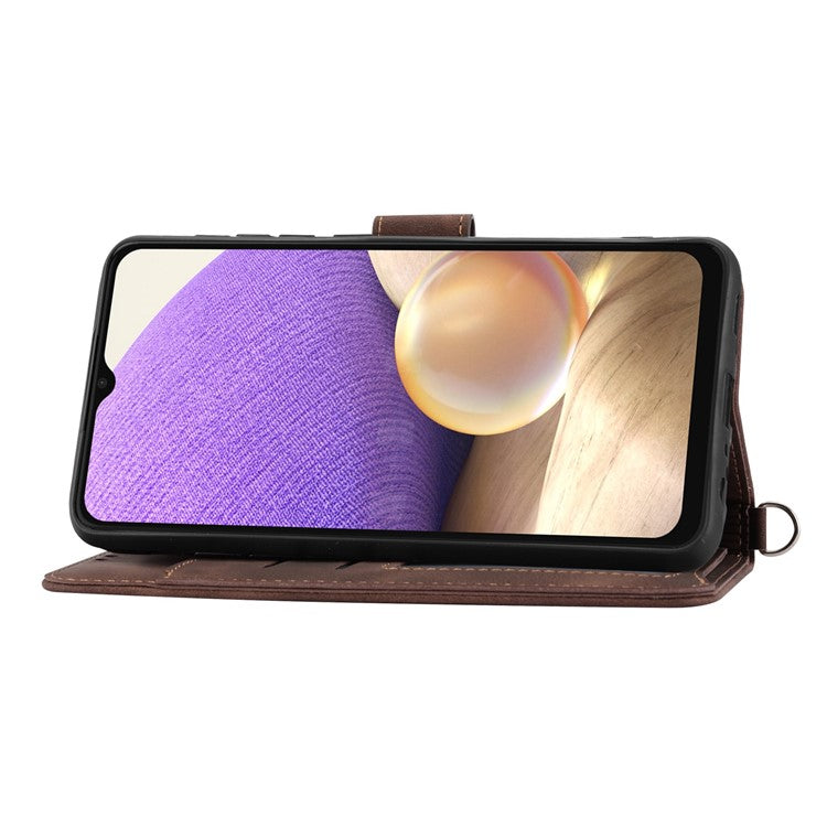 For Samsung Galaxy A13 4G / A13 5G / A04s 4G (164.7 x 76.7 x 9.1 mm) Wallet Phone Case Imprinted Flowers PU Leather Skin-touch Stand Magnetic Cover with Wrist Strap and Shoulder Strap - Brown