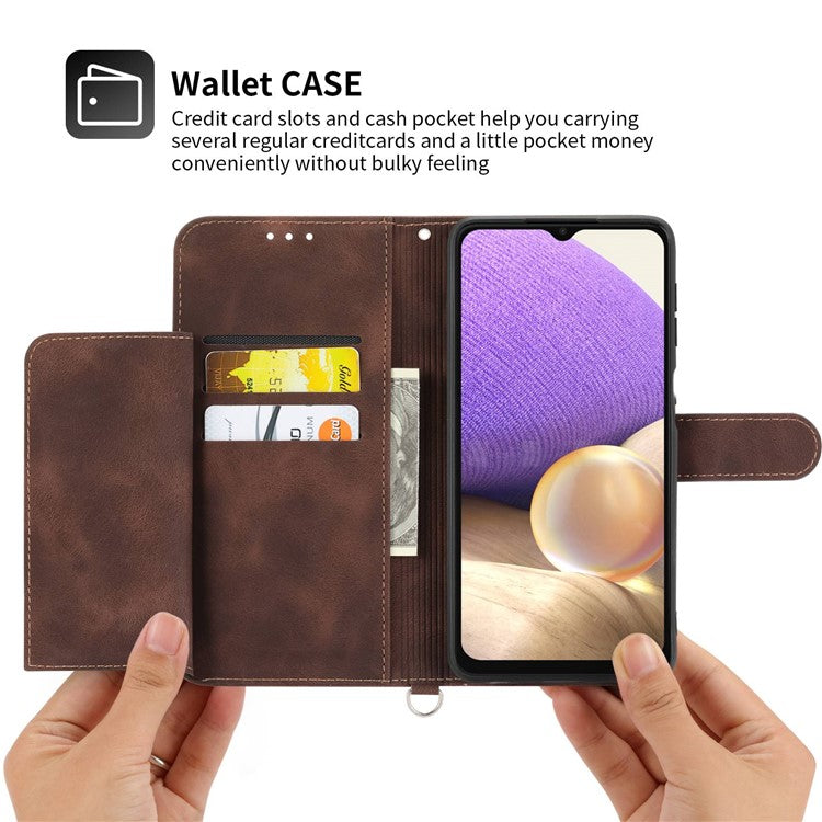 For Samsung Galaxy A13 4G / A13 5G / A04s 4G (164.7 x 76.7 x 9.1 mm) Wallet Phone Case Imprinted Flowers PU Leather Skin-touch Stand Magnetic Cover with Wrist Strap and Shoulder Strap - Brown