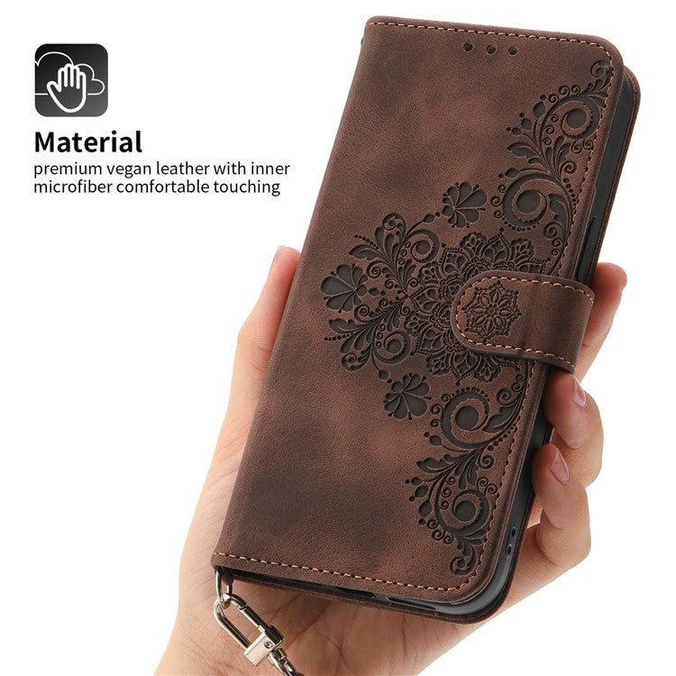 For Samsung Galaxy A13 4G / A13 5G / A04s 4G (164.7 x 76.7 x 9.1 mm) Wallet Phone Case Imprinted Flowers PU Leather Skin-touch Stand Magnetic Cover with Wrist Strap and Shoulder Strap - Brown