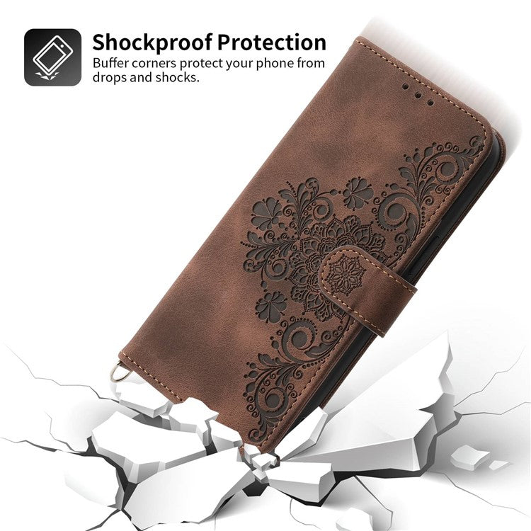 For Samsung Galaxy A13 4G / A13 5G / A04s 4G (164.7 x 76.7 x 9.1 mm) Wallet Phone Case Imprinted Flowers PU Leather Skin-touch Stand Magnetic Cover with Wrist Strap and Shoulder Strap - Brown