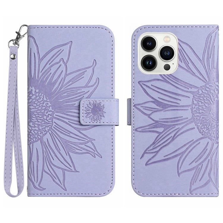 Flip Phone Case for iPhone 14 Pro, HT04 Imprinted Sunflower Hands-free Stand PU Leather Skin-Touch Magnetic Wallet Cover with Strap - Light Purple