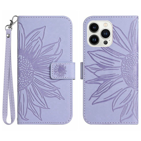 Flip Phone Case for iPhone 14 Pro, HT04 Imprinted Sunflower Hands-free Stand PU Leather Skin-Touch Magnetic Wallet Cover with Strap - Light Purple