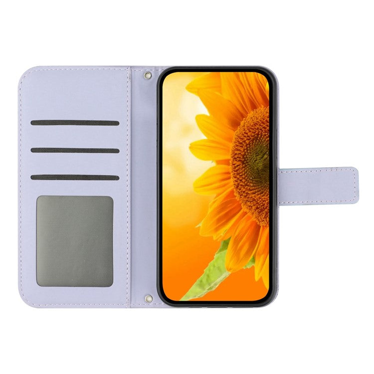Flip Phone Case for iPhone 14 Pro, HT04 Imprinted Sunflower Hands-free Stand PU Leather Skin-Touch Magnetic Wallet Cover with Strap - Light Purple