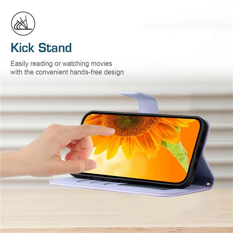 Flip Phone Case for iPhone 14 Pro, HT04 Imprinted Sunflower Hands-free Stand PU Leather Skin-Touch Magnetic Wallet Cover with Strap - Light Purple