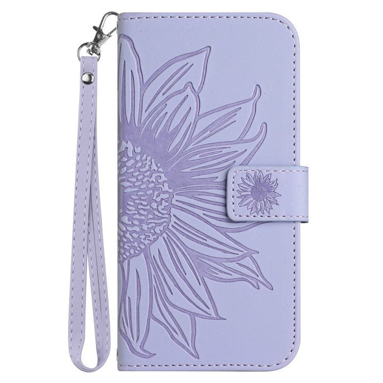 Flip Phone Case for iPhone 14 Pro, HT04 Imprinted Sunflower Hands-free Stand PU Leather Skin-Touch Magnetic Wallet Cover with Strap - Light Purple