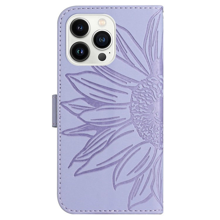 Flip Phone Case for iPhone 14 Pro, HT04 Imprinted Sunflower Hands-free Stand PU Leather Skin-Touch Magnetic Wallet Cover with Strap - Light Purple