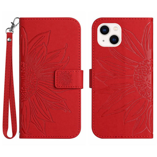 Flip Phone Case for iPhone 14 Plus, HT04 Imprinted Sunflower Viewing Stand PU Leather Skin-Touch Magnetic Wallet Cover with Strap - Red