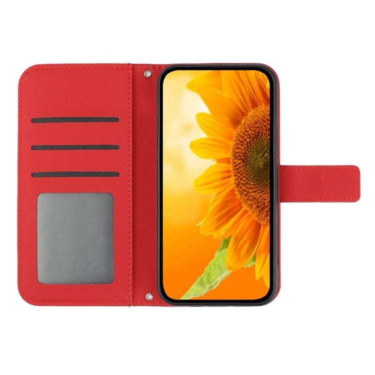 Flip Phone Case for iPhone 14 Plus, HT04 Imprinted Sunflower Viewing Stand PU Leather Skin-Touch Magnetic Wallet Cover with Strap - Red