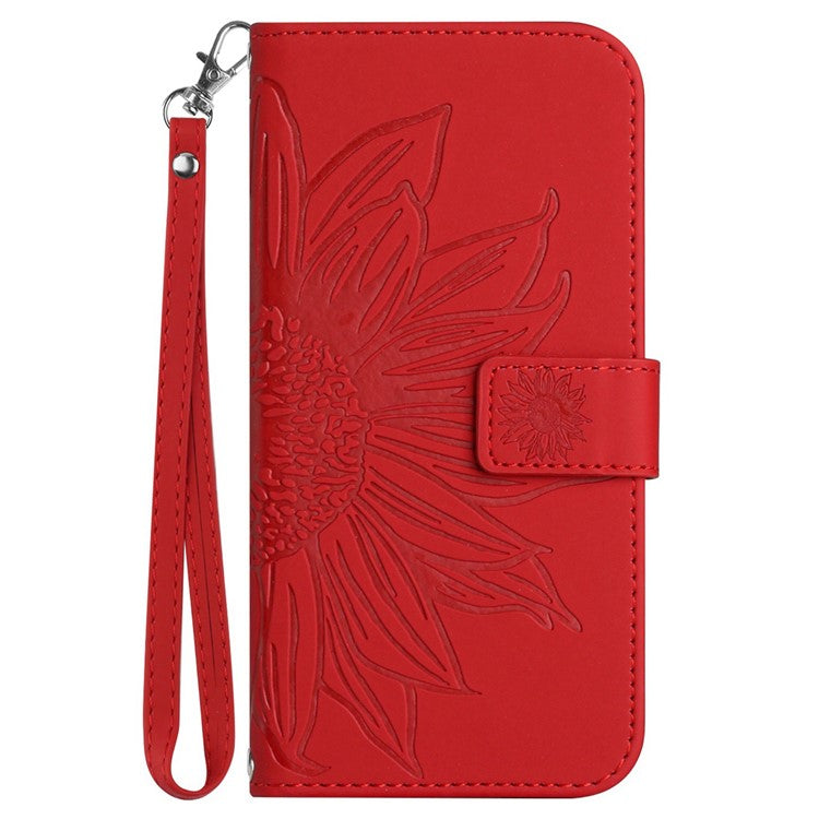 Flip Phone Case for iPhone 14 Plus, HT04 Imprinted Sunflower Viewing Stand PU Leather Skin-Touch Magnetic Wallet Cover with Strap - Red