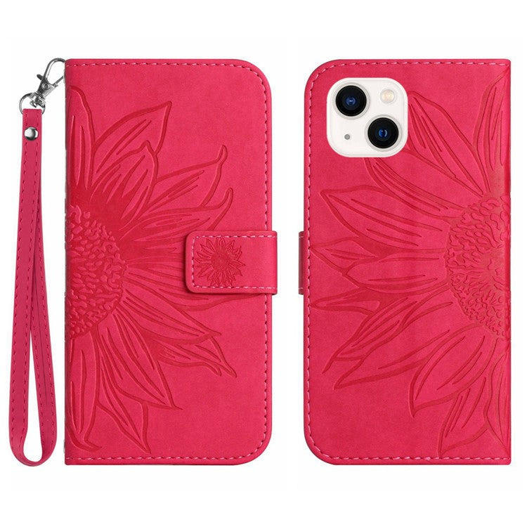 Flip Phone Case for iPhone 14 Plus, HT04 Imprinted Sunflower Viewing Stand PU Leather Skin-Touch Magnetic Wallet Cover with Strap - Rose